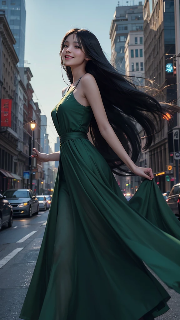 Ai human pixar style Very very Tall Beautiful young black complexion girl with not too long straight hair wearing a simple green straight gown spreading in the air , smiling, feeling the cool air in a beautiful city area, lmage a little dark. Show full view of city