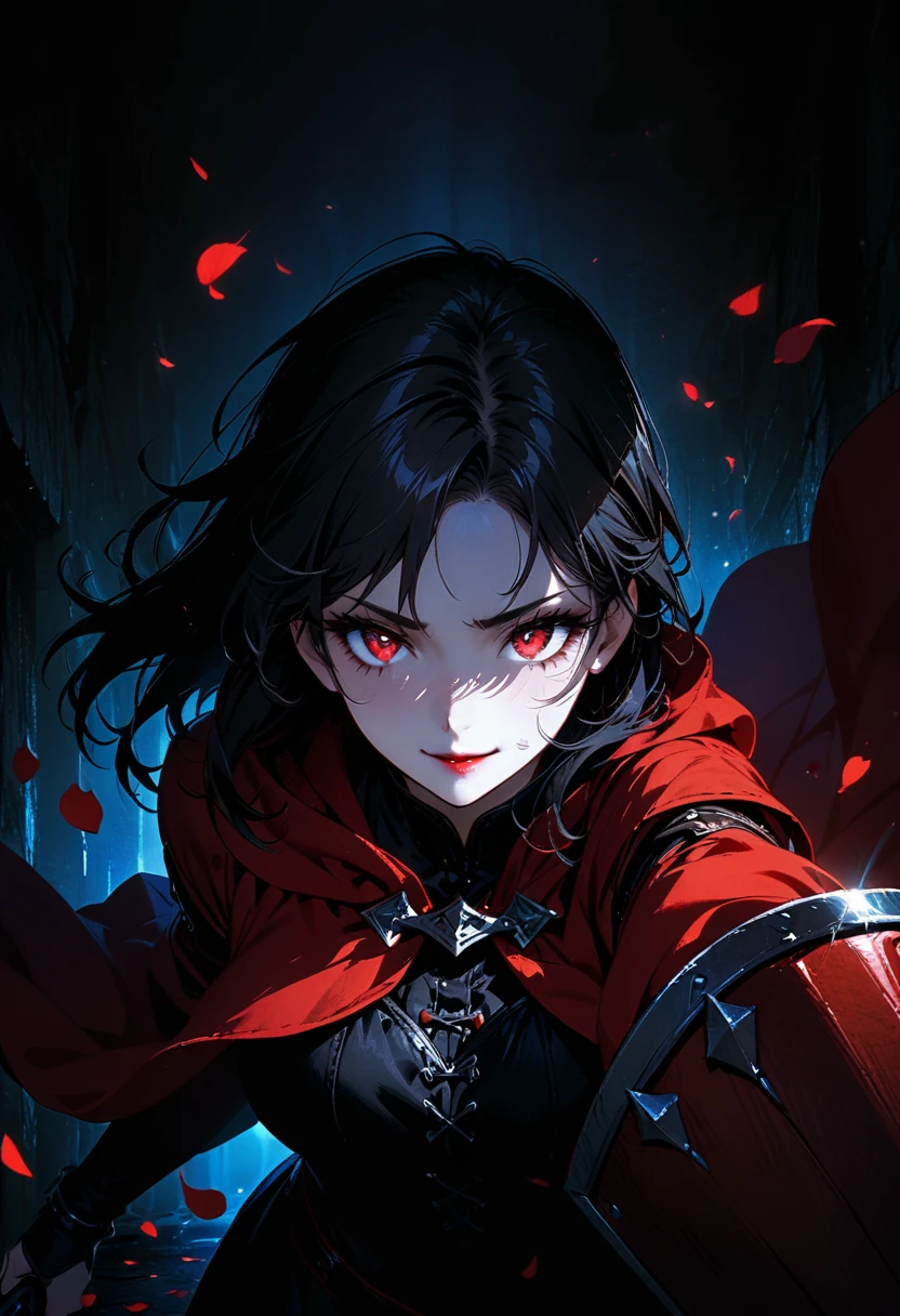 upper body portrait, 1girl, solo, ((holding sword)), ((holding shield)), (long black hair), detailed face, mischief, smirk, pale white skin, red eyes, (detailed eyes), long eyelashes, black eye liner, red lipstick, black tunic, (red hoodie cloak), long dress, leather glove, (walking pose), walking, moonlight, hard lighting, blue light, cold light, ((rose pedals falling)), (medieval theme), ((masterpiece)), super detailed, best quality, POV, dw01-3400