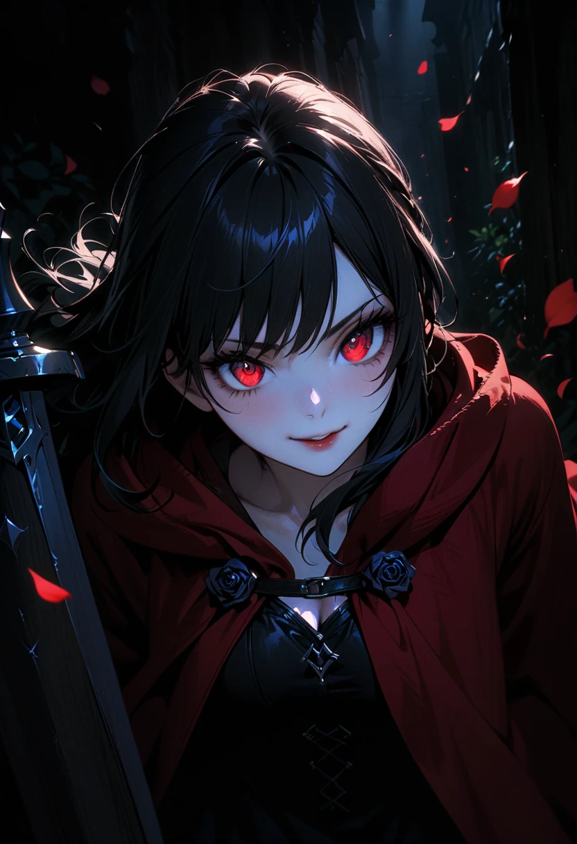 upper body portrait, 1girl, solo, ((holding sword)), ((holding shield)), (long black hair), detailed face, mischief, smirk, pale white skin, red eyes, (detailed eyes), long eyelashes, black eye liner, red lipstick, black tunic, (red hoodie cloak), long dress, leather glove, (walking pose), walking, moonlight, hard lighting, blue light, cold light, ((rose pedals falling)), (medieval theme), ((masterpiece)), super detailed, best quality, POV, dw01-3400