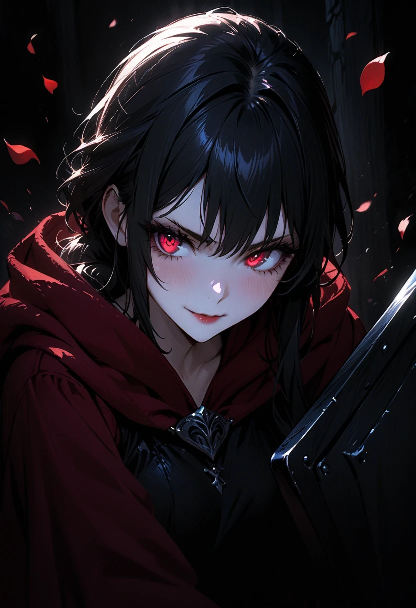 upper body portrait, 1girl, solo, ((holding sword)), ((holding shield)), (long black hair), detailed face, mischief, smirk, pale white skin, red eyes, (detailed eyes), long eyelashes, black eye liner, red lipstick, black tunic, (red hoodie cloak), long dress, leather glove, (walking pose), walking, moonlight, hard lighting, blue light, cold light, ((rose pedals falling)), (medieval theme), ((masterpiece)), super detailed, best quality, POV, dw01-3400
