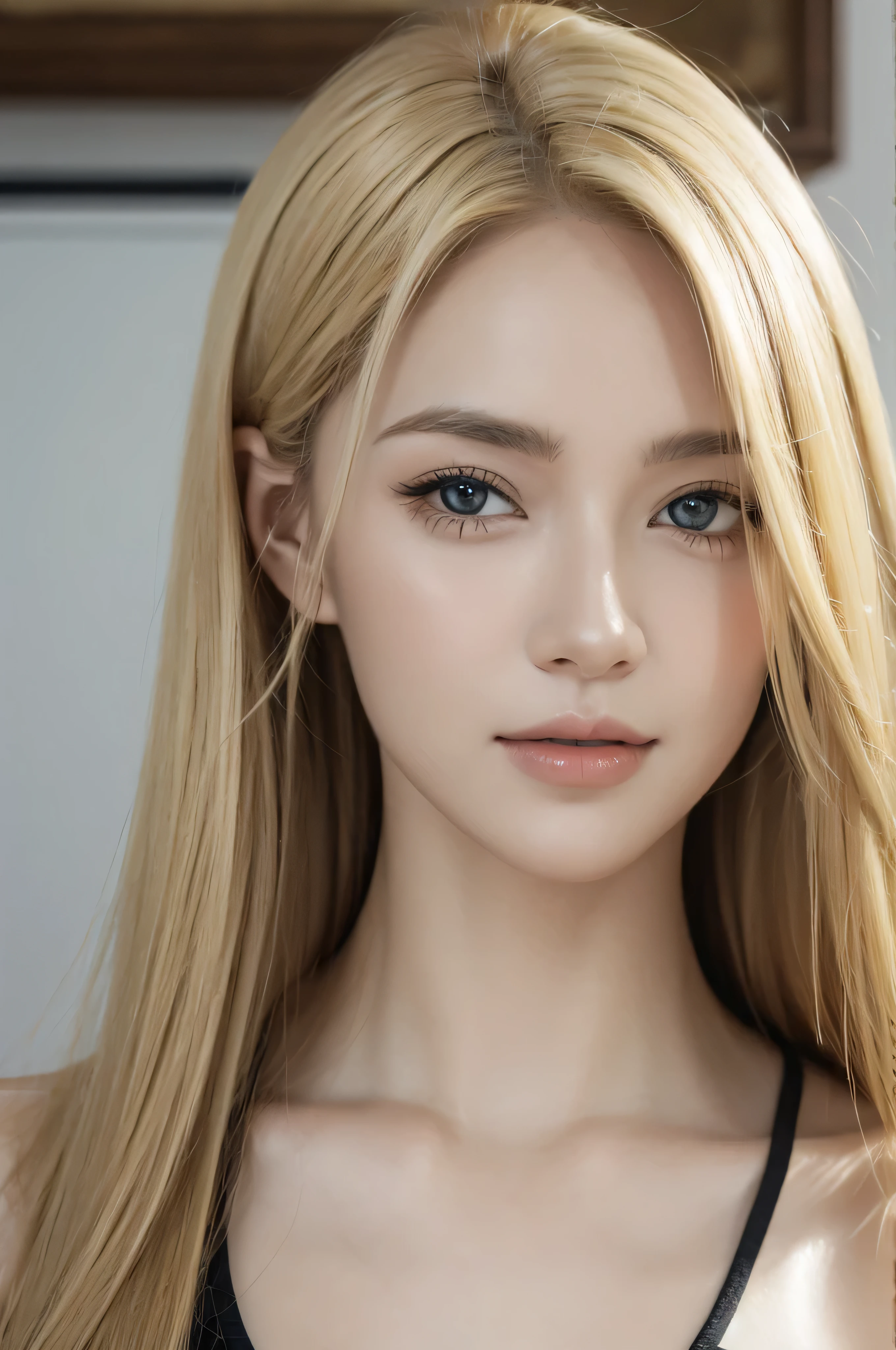 A highly detailed, ultra-realistic portrait of a woman with blonde hair, photographed in her home, with a focus on realistic and detailed facial features, including her eyes, nose, and lips, real face, real background, full body view