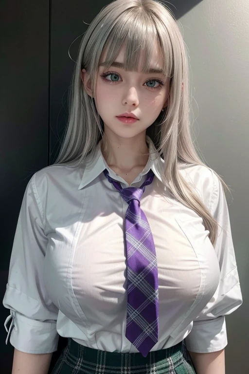 blunt bangs,silver Hair,high school girl,purple plaid tie,white shirt,slender,big breasts,green eyes