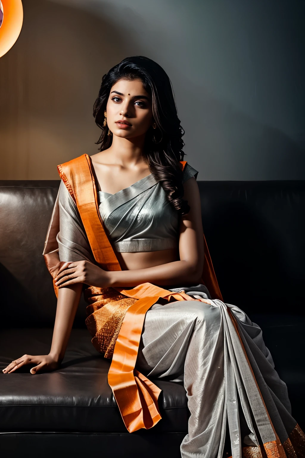 A sad indian Instagram female model is sitting on a luxury sofa, (( grey orange bridal saree )) , another model is trying to calm her, rim light, key lights, dark background, smoke