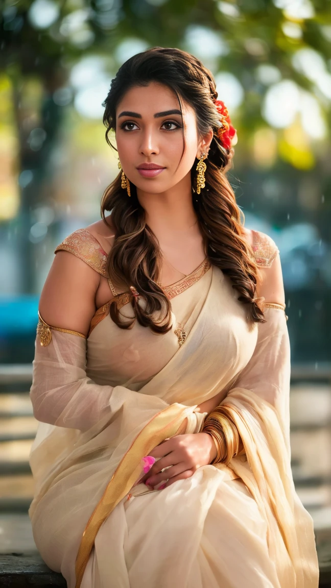 (masterpiece)((disheveled hair:1.2),( beautiful detailed eyes:1.1), Indian girl (wearing casual t_shirt ,street background, Bokeh, medium round breast , side pose looking at viewer,long hair , hair bun,wet clothes, rainy season,heavy rain shower , enjoying rain, happy, big cheeks ,Outdoor image of 21yo in school school photo in school masterpiece, (photorealistic:1.7), best quality, beautiful lighting, Eleanor Latino Woman 20yo Old Big Breasts full nude perfect body Plus Size Model random colour beautiful eyes extremely high Bun long extreme curly hair Lifts wearing Indian flowers ethnic elegance princess saree salwar kameez. Flowers on hair (Persian princess)),off shoulder ,bra, Indian attire ,ultra realistic skin Best quality, masterpiece, Beautiful, young indian woman, teacher, college, looking straight at viewer, wearing elegant dark full sleeve top and long skirt, college classroom, sitting on chair, professionalism, age, detailed face, detailed body, symmetric face, cute face, dynamic pose, perfect anatomy, holding books with hands, photorealistic, curvy body, braid hair, 8k, ultra realistic, blackboard background, ambient occlusion