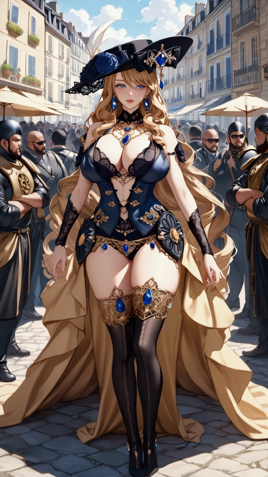 anime, ultra detailed, hyper detailed, best quality, highres, 4K, master piece, 1 female, 28-year-old, Navia, sexy lingerie, gigantic, huge breast, France city, crowded, (((accompanied by female bodyguards))),