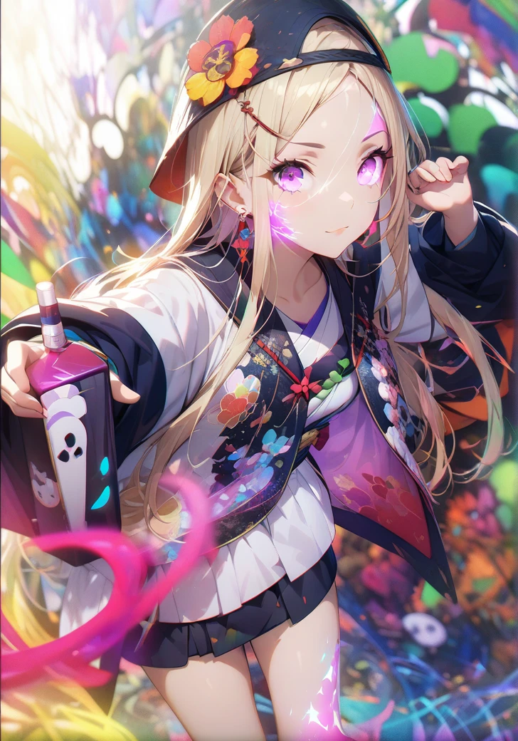 (masterpiece, Highest quality, Highest quality, Official Art, beautifully、aesthetic:1.2), (One girl:1.3), Very detailed,(Fractal Art:1.1),(colorful:1.1),Most detailed,(Tangled:1.2), (Dynamic pose), (Abstract background:1.5), (Japanese clothing:1.2), (Glowing Skin), (Many colors:1.4), ,(Earrings:1.4),