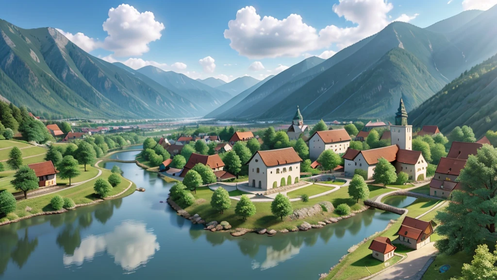 Natural beauty, Ancient Austrian village.  The Stream. cloud, Temple.  Mountain. Lake, View from the air, mystical beauty, 8k