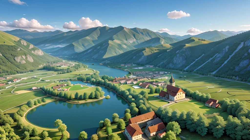 Natural beauty, Ancient Austrian village.  The Stream. cloud, Temple.  Mountain. Lake, View from the air, mystical beauty, 8k