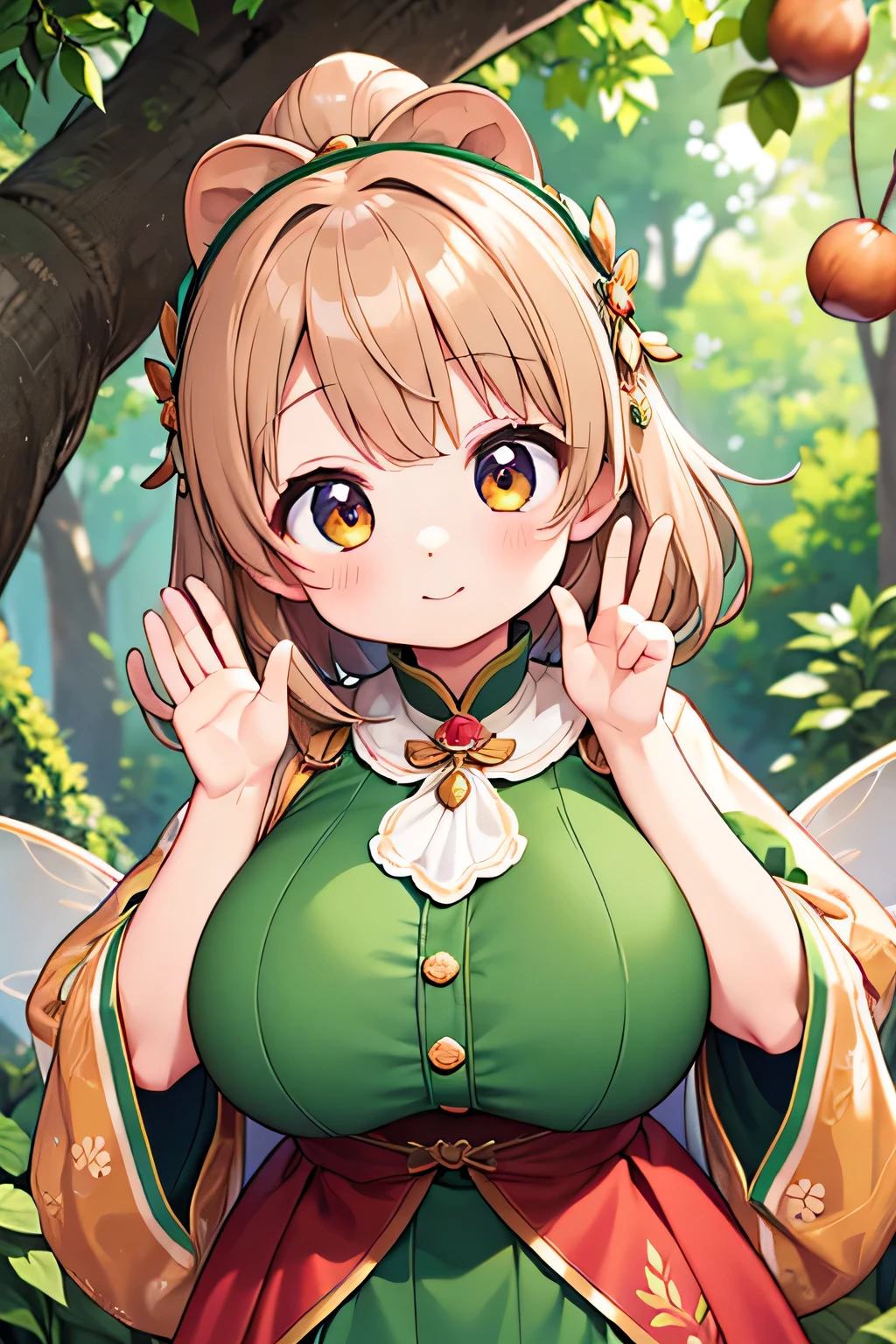 Highest quality、High resolution、Detailed Background、mysterious、(Beautiful face in every detail:1.4)、Anatomically correct、Highly detailed face、(Huge breasts:1.2)、Perfect body line、Light color hair、Cute gestures、nature、Fun atmosphere、A big smile、Looking at me happily、An adorable creature that blends into autumn nature、Chestnut color and texture、Autumn-like、
Its is covered in brown chestnut shells.、A lovely fairy appeared、For fluffy hair、Chestnuts are scattered all over the place.、She is wearing a costume that looks like a chestnut shell.、It has a button in the shape of a fruit.、Small chestnuts are scattered at my feet.、It looks like a fairy dancing lightly.、In the hands of the fairy、It has even larger chestnuts.、The fairy's face, with autumn's blush on her cheeks,、It's calm and kind、Hold the clitoris lovingly、The way he occasionally puts his hand on her cheek is adorable.、Cute beauty、Fantastic and cute