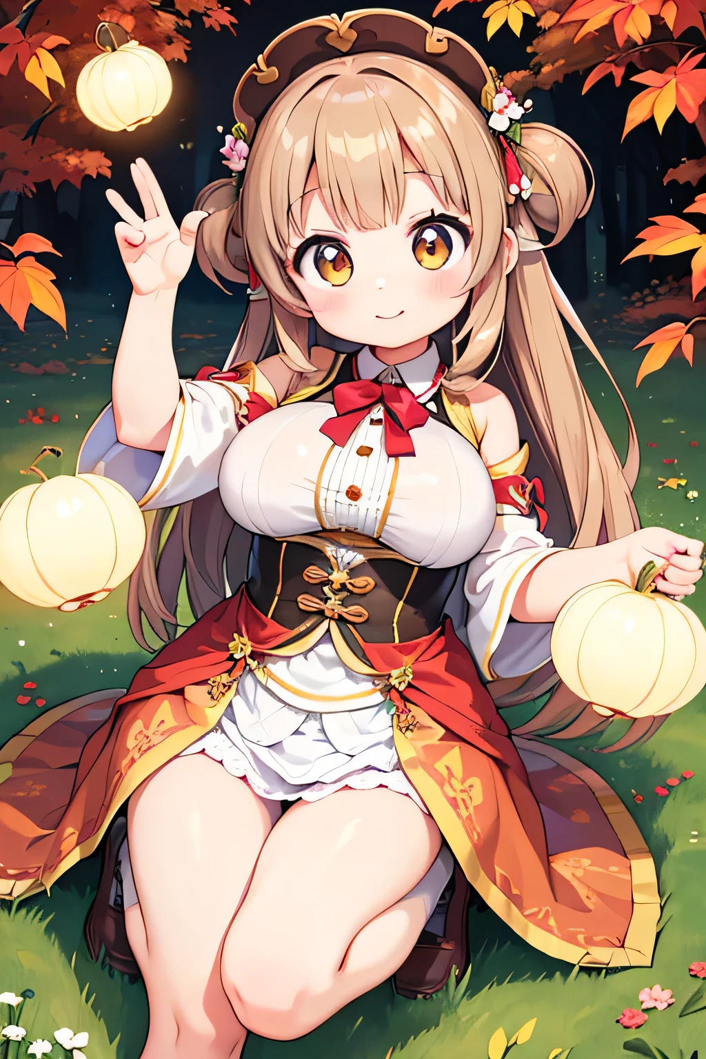 Highest quality、High resolution、Detailed Background、mysterious、(Beautiful face in every detail:1.4)、Anatomically correct、Highly detailed face、(Huge breasts:1.2)、Perfect body line、Light color hair、Cute gestures、nature、Fun atmosphere、A big smile、Looking at me happily、An adorable creature that blends into autumn nature、Chestnut color and texture、Autumn-like、
Its is covered in brown chestnut shells.、A lovely fairy appeared、For fluffy hair、Chestnuts are scattered all over the place.、She is wearing a costume that looks like a chestnut shell.、It has a button in the shape of a fruit.、Small chestnuts are scattered at my feet.、It looks like a fairy dancing lightly.、In the hands of the fairy、It has even larger chestnuts.、The fairy's face, with autumn's blush on her cheeks,、It's calm and kind、Hold the clitoris lovingly、The way he occasionally puts his hand on her cheek is adorable.、Cute beauty、Fantastic and cute