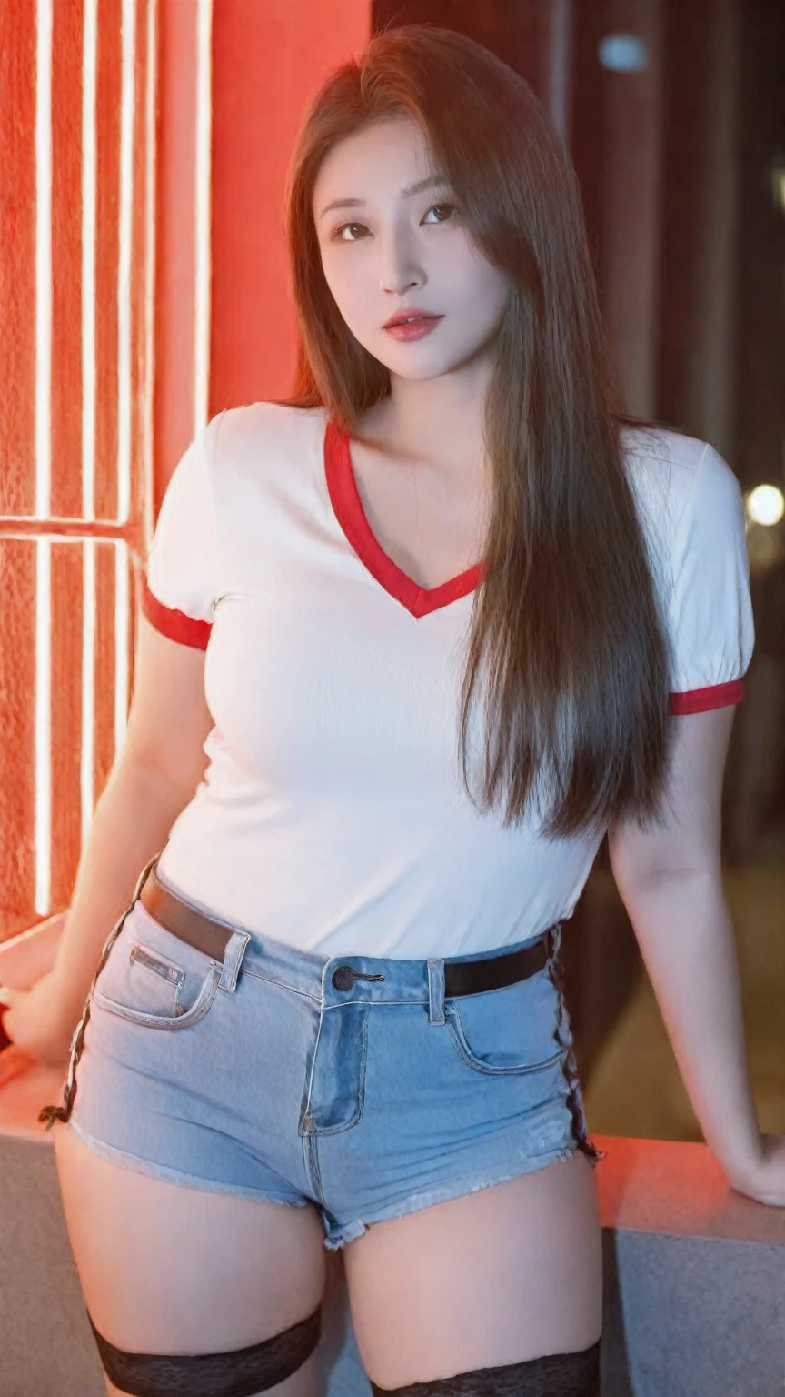 lady, posing seductively to viewer, solo:1, pov, beautiful thick thighs,
red light district background, long hair, 3/4 body, V neck mini hot shorts