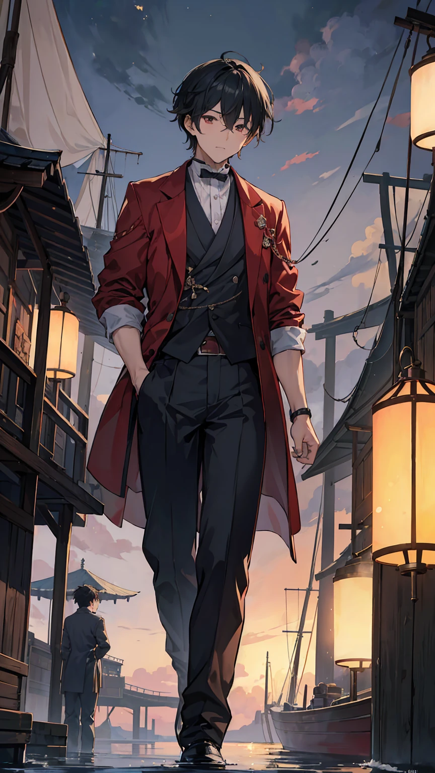 (masterpiece, Best Quality), (showy:1.4),The image shows the Kaijou port at dusk, with a thick fog beginning to cover the scene. Hiroshi, a young man with a determined but somewhat reckless expression, shown with his friends Taro and Kenji, both with looks of expectation and doubt. The three of them are next to a simple but sturdy fishing boat, preparing to set sail. The dim light of the oil lanterns and the gathering darkness create a tense and mysterious atmosphere, foreshadowing the adventure that is to come