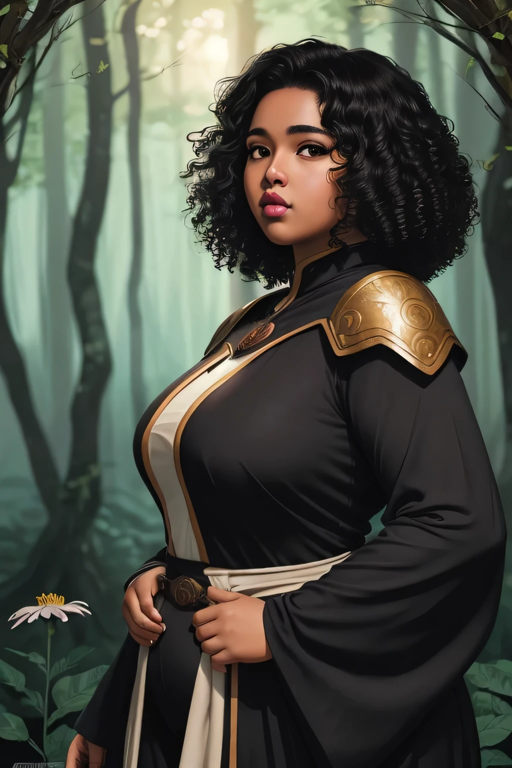 Anime illustration semi-realistic of brown skin latina girl, 25 year old, plus size, curvy, overweight, black eyes, black curly hair, big lips, anime, sleek design, brown skin, sideswept curly hairstyle, round face, fantasy mage clothing, mage outfit, flower forest background, dynamic light,