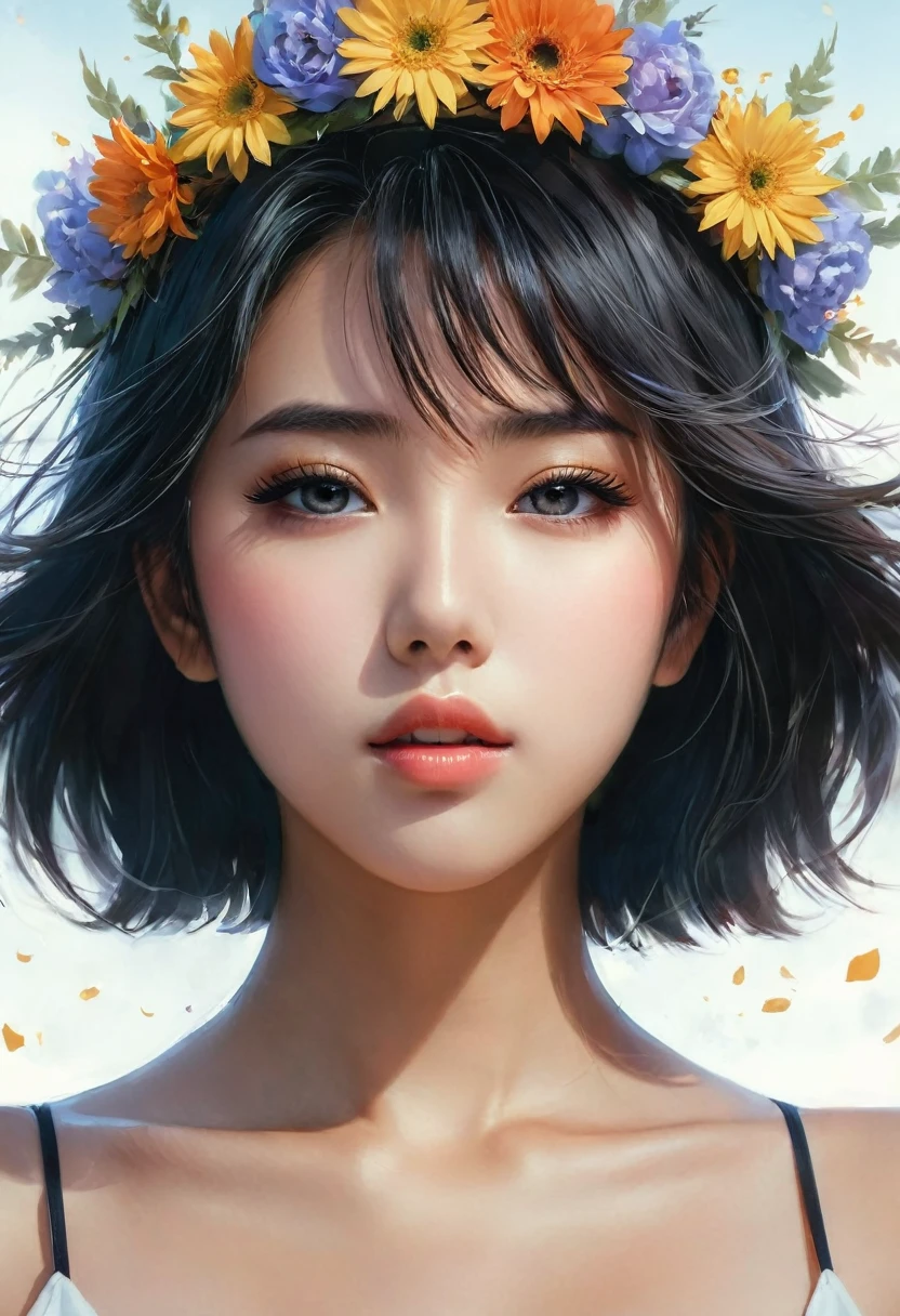 Portrait en gros plan d'une fille noire portant une couronne de fleurs, une peau douce et lisse, de grands yeux rêveurs, de beaux cheveux colorés complexes, symétriques, des yeux larges animés, un éclairage doux, un visage détaillé, par makoto shinkai, stanley artgerm lau, wlop, rossdraws, concept art, peinture numérique, regarder dans la caméra