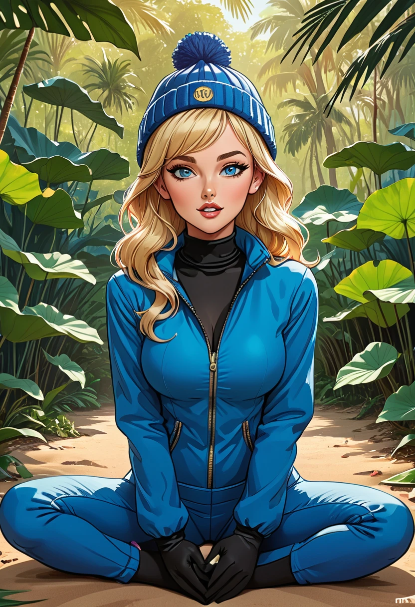 (((open mouth))), (fullbody), lotus pose,tropical green background, palm, tropical forest,((girl in Blue zipped up down winter jacket and black turtleneck )) and (jeans) and blue gloves and (((blue winter hat)))) in a lotus pose, adult, [Nordic], Hourglass elongated fitness body, perfect Olive skin, Oval Face, Long neck, Rounded shoulders, perfect hand, Attached Pointed ears, round forehead, (Short blonde Waves pixie hair), snub nose, Arched eyebrows, ((Monolid blue Eyes)), High Round Narrow cheekbones, Dimpled Cheeks, Rounded Chin, Rounded Jawline, Full nude Lips, (blue eyes), Nude Makeup Look, long eyelashes, third breast size, long slim fitness legs, graphic style of novel comics, perfect hands, 2d, 8k, hyperrealism, masterpiece, high resolution, best quality, ultra-detailed, super realistic, Hyperrealistic art, high-quality, ultra high res, highest detailed, lot of details, Extremely high-resolution details, incredibly lifelike, colourful, soft cinematic light,