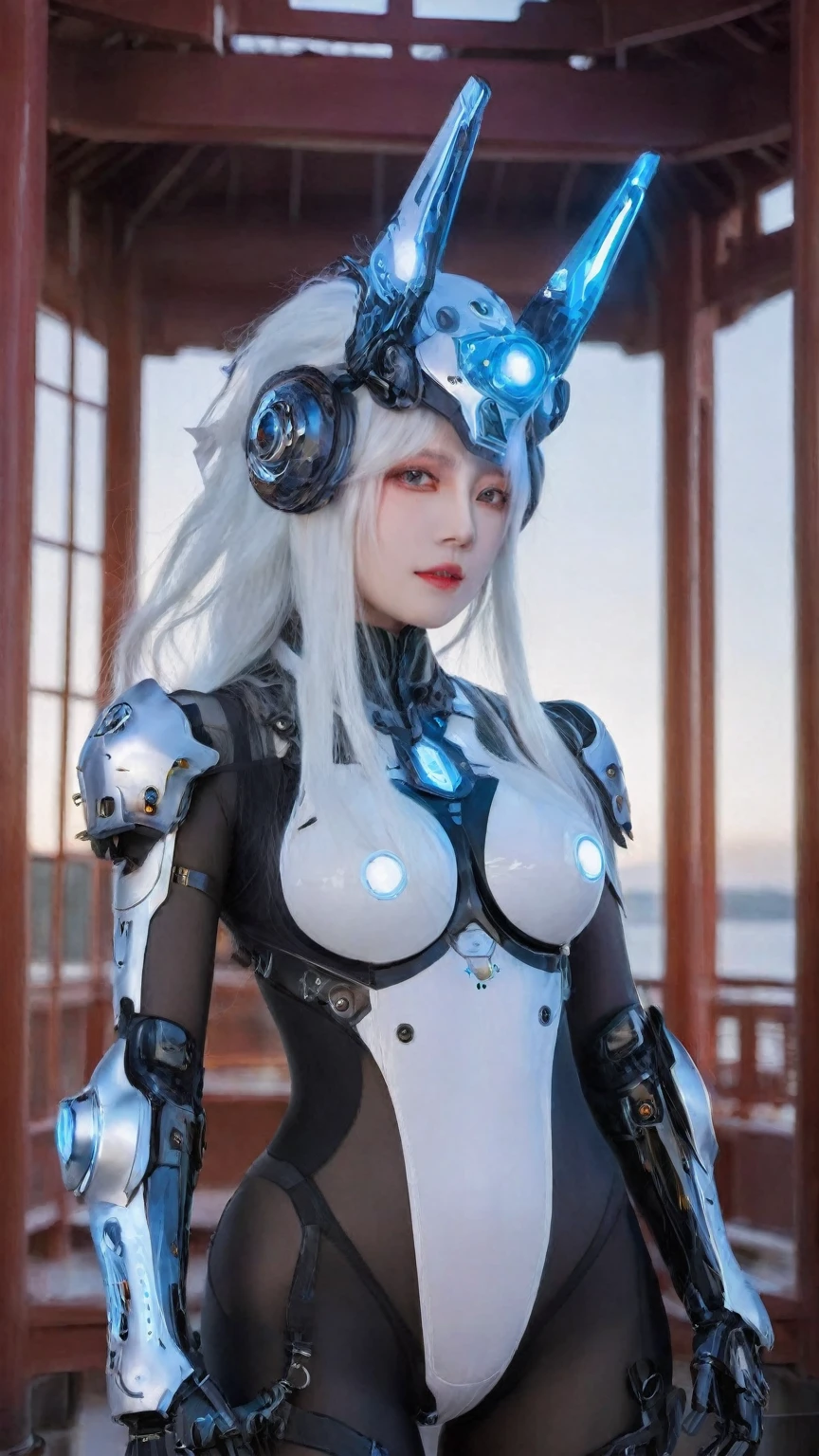 masterpiece,best quality,ultra-detailed,very detailed illustrations,extremely detailed,intricate details,highres,super complex details,extremely detailed 8k cg wallpaper,cowboy shot, caustics,reflection,ray tracing,demontheme,nebula,dark aura,cyber effect, (1girl:1.4),solo,alone,mecha musume,mechanical parts, robot joints,single mechanical arm, headgear, mechanical halo,star halo,intricate mechanical bodysuit, mecha corset, full armor, very long hair,white hair, hair between eyes, multicolored hair, colored inner hair, red eyes,glowing eye,eye trail, random expressions,random action, ancient japanese architecture,pond, starry sky,skyline,