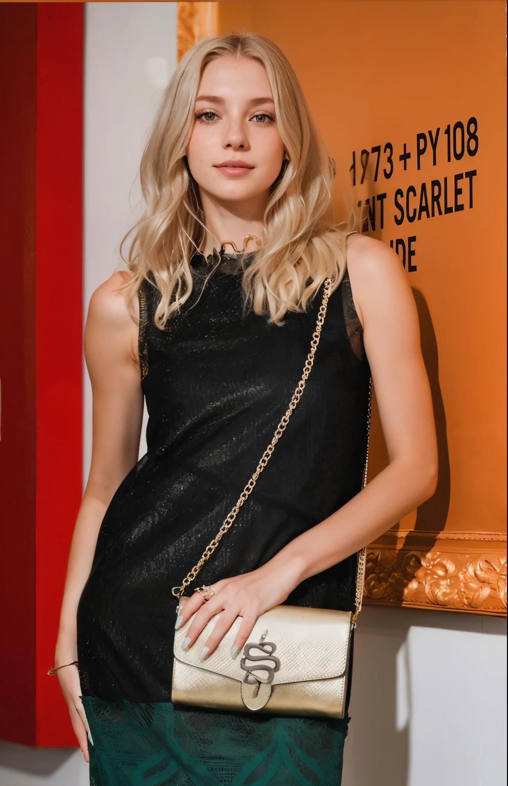 Woman, americana, age 25, pale skin and freckles, grey-eyed, delicate nose, soft and delicate lips, distant, cabelo blondie distant e ondulado na altura da cintura, Sweet smile, face with delicate feminine facial features, highly rendered, black leather pants