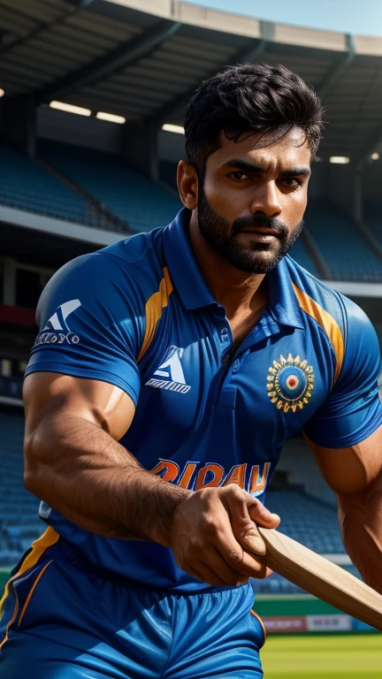 30 years old Muscular indian cricket player with sharp chin dimples beautiful eyes spiky black hairs fall on his face, in cricket stadium with tight blue jersey,holding cricket bat, trending on artstation, sharp focus, studio photo, intricate details, highly detailed, head to thighs fit in photo