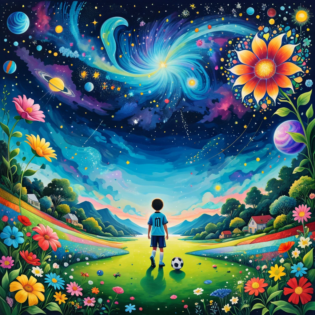 Huge flower housecroorganism、plantar、Marine life, boy playing football、starry sky，Stitching an abstract painting，Describing the inner world of autistic people，Sense of space，Blank space，interesting，Innocence，psychedelic art