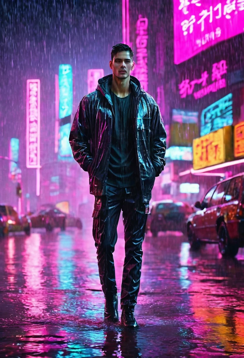 (Masterpiece, Best Quality, high resolution, fondo de pantalla de unidad 32k, Extremely detailed CG:1), (weak illustration on stage:1.0), ((****ung handsome man:1.55 by cyberpunk:1.5 )),(( cyberpunk night city:1.4)), neon signs futuristic cars,dark place rain, ((wet clothes magenta neon lights illuminating the young man perfectly:1.45) . 32k