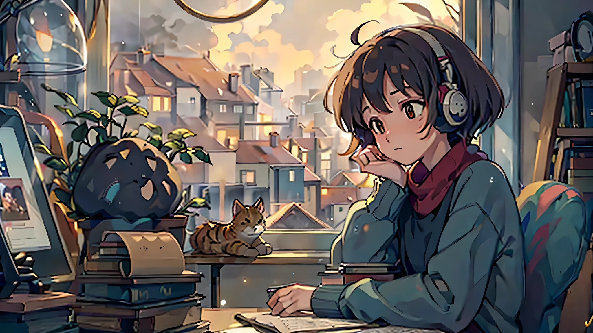 Imagine a cozy bedroom bathed in the warm, golden glow of fairy lights draped around the walls. A soft, overstuffed armchair sits in one corner, accompanied by a small table holding a steaming cup of tea and a stack of books. The window is slightly open, letting in a gentle breeze and the distant sound of raindrops pattering against the leaves outside.
A record player softly spins a vinyl, and you can almost hear the crackling lo-fi beats filling the room. A cat lazily stretches out on the windowsill, gazing out at the rain. On the bed, a laptop screen shows a calming animation of falling leaves, synced perfectly with the soothing music.
The overall atmosphere is one of tranquility and relaxation, inviting viewers to unwind and lose themselves in the peaceful, nostalgic vibes of lo-fi music.