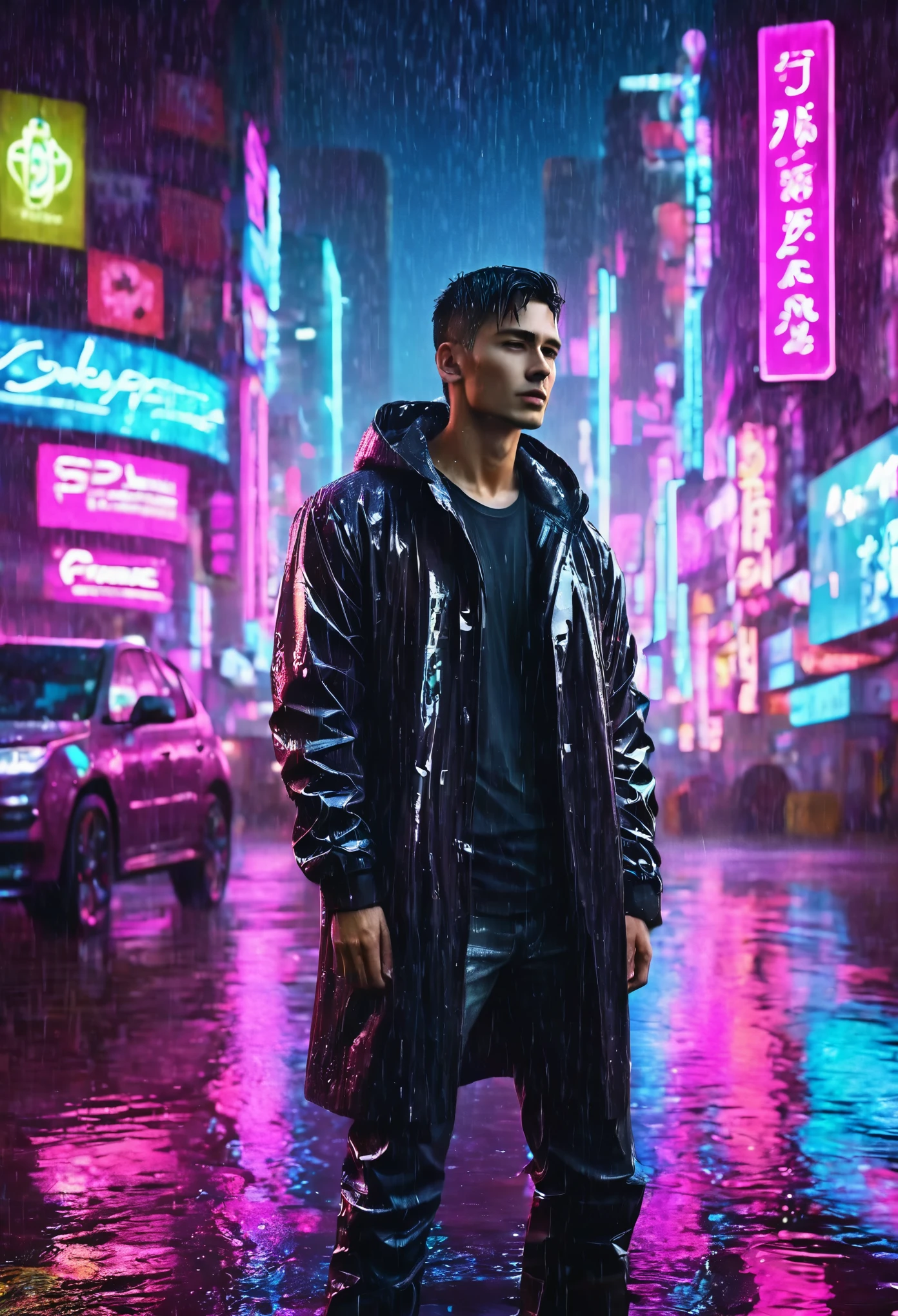 (Masterpiece, Best Quality, high resolution, fondo de pantalla de unidad 32k, Extremely detailed CG:1), (weak illustration on stage:1.0), ((****ung handsome man:1.55 by cyberpunk:1.5 )),(( cyberpunk night city:1.4)), neon signs futuristic cars,dark place rain, ((wet clothes magenta neon lights illuminating the young man perfectly:1.45) . 32k