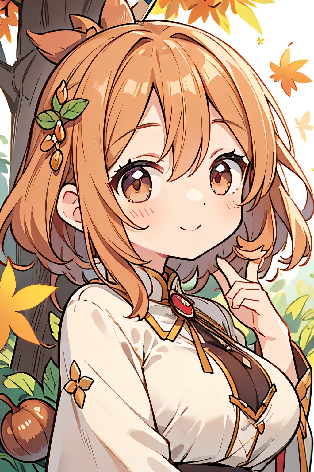 Highest quality、High resolution、Detailed Background、mysterious、(Beautiful face in every detail:1.4)、Anatomically correct、Highly detailed face、(Huge breasts:1.2)、Perfect body line、Light color hair、Cute gestures、nature、Fun atmosphere、A big smile、Looking at me happily、An adorable creature that blends into autumn nature、Chestnut color and texture、Autumn-like、
Its is covered in brown chestnut shells.、A lovely fairy appeared、For fluffy hair、Chestnuts are scattered all over the place.、She is wearing a costume that looks like a chestnut shell.、It has a button in the shape of a fruit.、Small chestnuts are scattered at my feet.、It looks like a fairy dancing lightly.、In the hands of the fairy、It has even larger chestnuts.、The fairy's face, with autumn's blush on her cheeks,、It's calm and kind、Hold the clitoris lovingly、The way he occasionally puts his hand on her cheek is adorable.、Cute beauty、Fantastic and cute