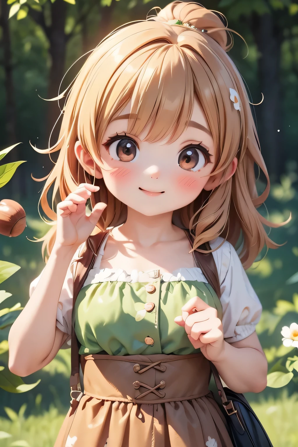 Highest quality、High resolution、Detailed Background、mysterious、(Beautiful face in every detail:1.4)、Anatomically correct、Highly detailed face、(Huge breasts:1.2)、Perfect body line、Light color hair、Cute gestures、nature、Fun atmosphere、A big smile、Looking at me happily、An adorable creature that blends into autumn nature、Chestnut color and texture、Autumn-like、
Its is covered in brown chestnut shells.、A lovely fairy appeared、For fluffy hair、Chestnuts are scattered all over the place.、She is wearing a costume that looks like a chestnut shell.、It has a button in the shape of a fruit.、Small chestnuts are scattered at my feet.、It looks like a fairy dancing lightly.、In the hands of the fairy、It has even larger chestnuts.、The fairy's face, with autumn's blush on her cheeks,、It's calm and kind、Hold the clitoris lovingly、The way he occasionally puts his hand on her cheek is adorable.、Cute beauty、Fantastic and cute