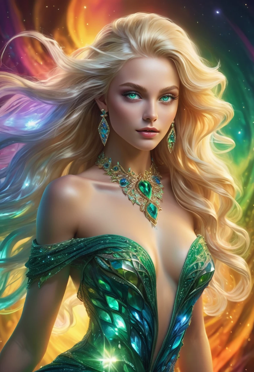 A blonde alien girl with textured skin, ((perfect half body from the knee up)), mesmerize, perfect green eyes, full mouth, whose hair, body is made with mineral appliqués, iridescent diamond, topaz, emeralds, earrings and necklace, off-the-shoulder dress detailed, (best quality, ultra-detailed), portraits, light colors, flowing hair incident, dynamic poses, fractal background rainbow colors, realistic, long hair flowing in the wind, glowing eyes, unearthly beauty, surreal atmosphere