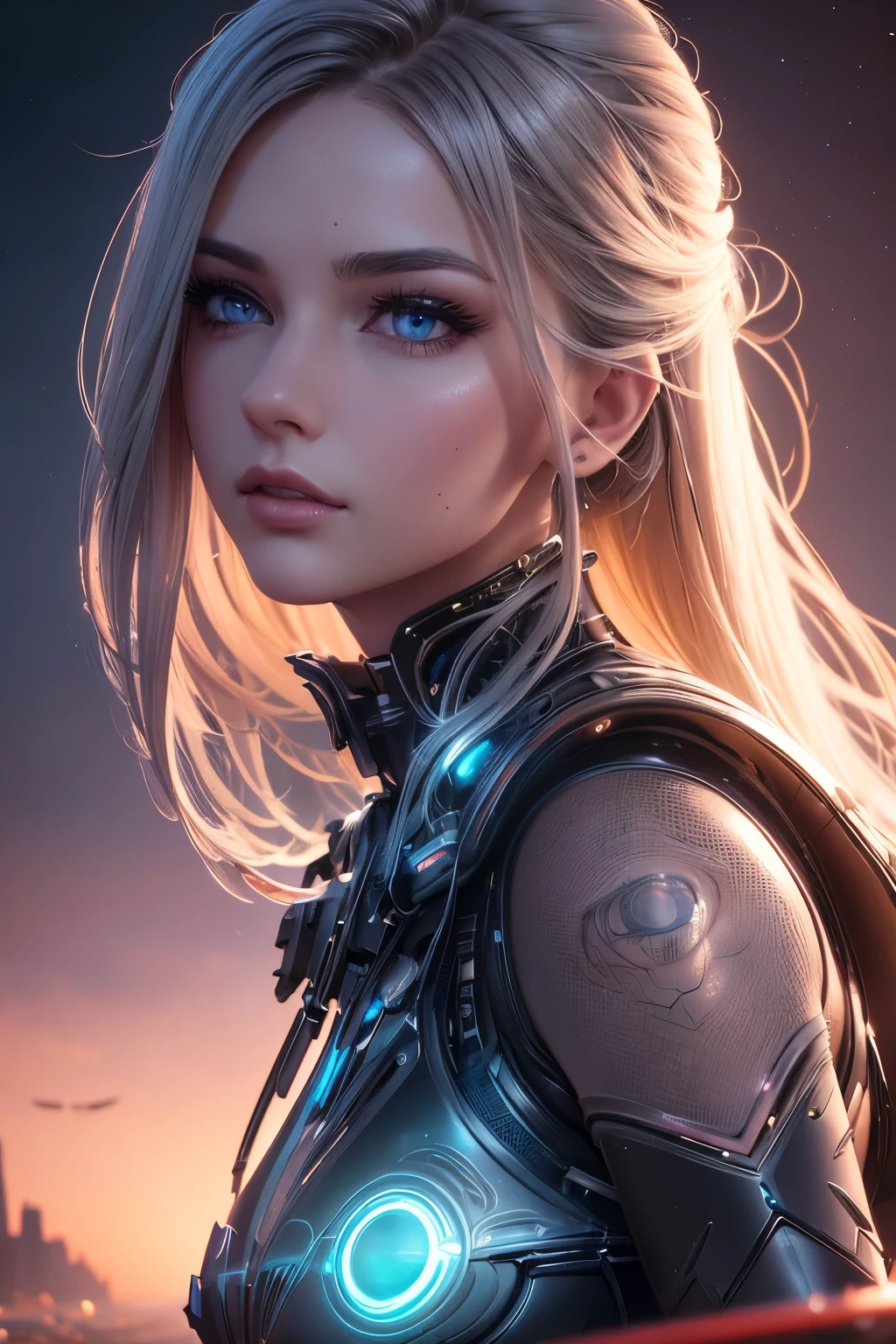 a detailed metaverse landscape, beautiful detailed eyes, beautiful detailed lips, extremely detailed face and eyes, long eyelashes, 1girl, digital art, octane render, cinematic lighting, vibrant colors, surreal, intricate details, futuristic architecture, glowing neon, floating islands, dynamic composition, photorealistic, 8k, best quality, masterpiece