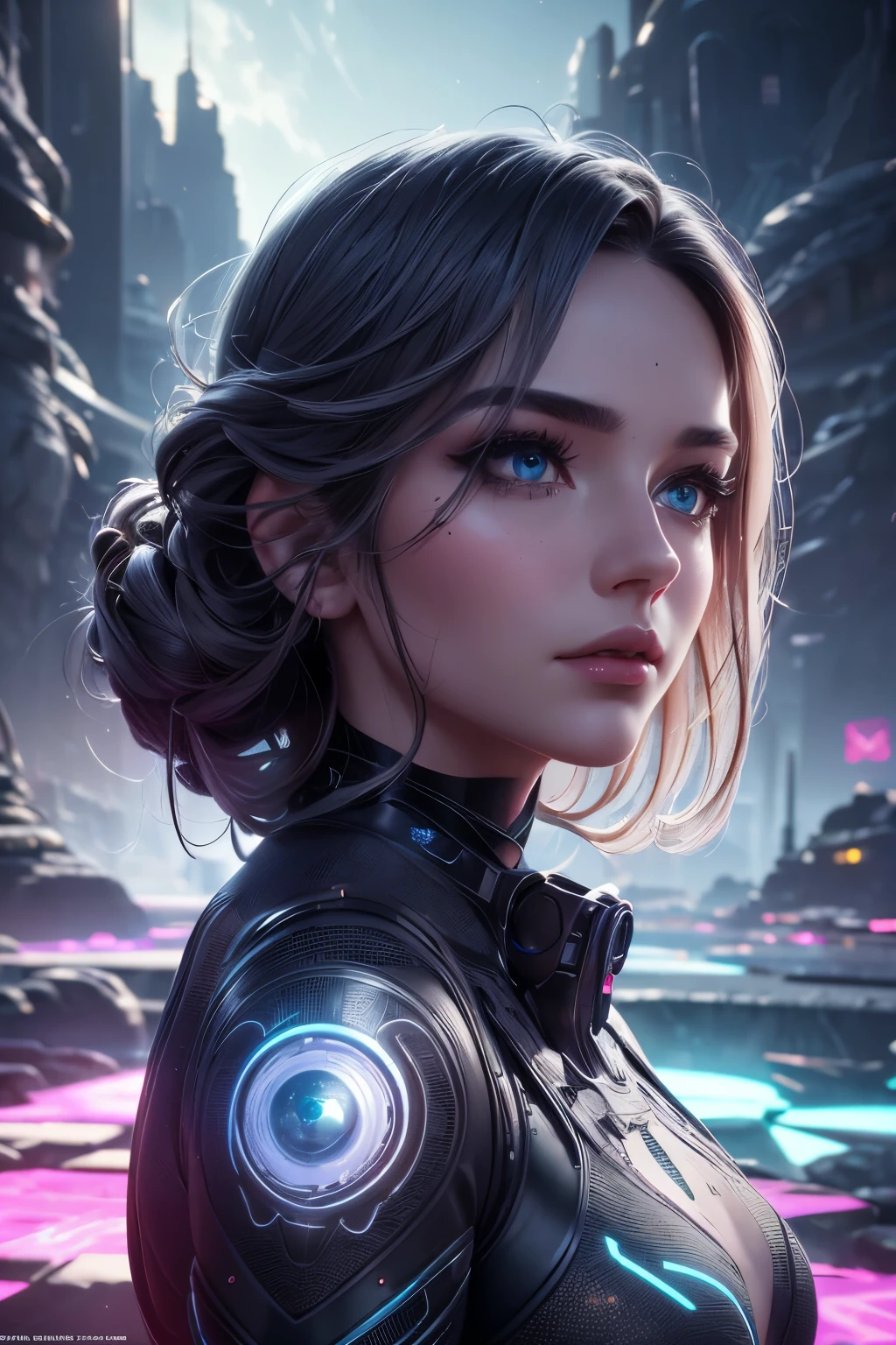 a detailed metaverse landscape, beautiful detailed eyes, beautiful detailed lips, extremely detailed face and eyes, long eyelashes, 1girl, digital art, octane render, cinematic lighting, vibrant colors, surreal, intricate details, futuristic architecture, glowing neon, floating islands, dynamic composition, photorealistic, 8k, best quality, masterpiece