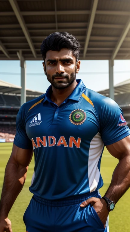 30 years old Muscular indian cricket player with sharp chin dimples beautiful eyes spiky black hairs fall on his face, in cricket stadium with tight blue jersey, standing in style, trending on artstation, sharp focus, studio photo, intricate details, highly detailed, head to thighs fit in photo