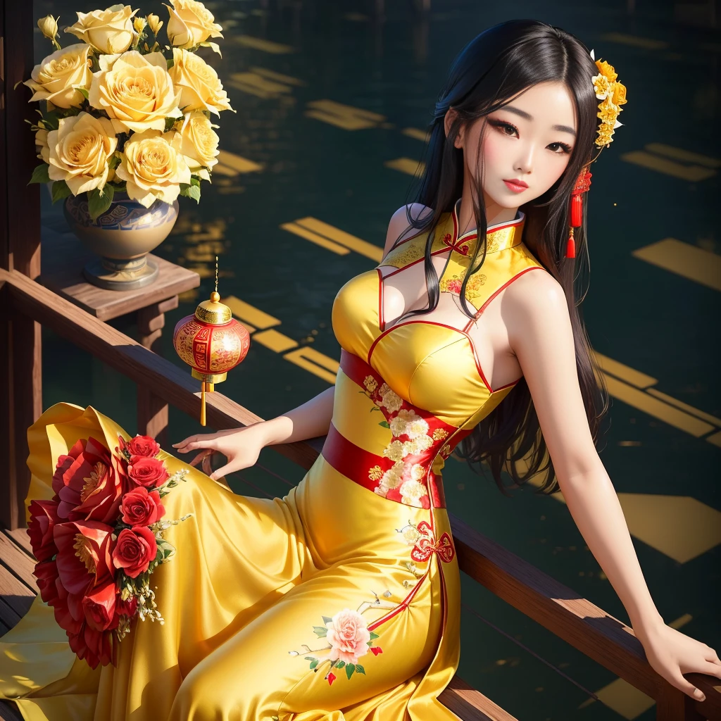arafa woman in a yellow dress sitting on a railing with a bouquet of roses, mulher Chinesa, Chinesa, beautiful chinese model, japanese goddess, Beautiful oriental woman, chinese dress, beautiful south korean woman, oriental fantasy, cheongsam, an Asian woman, Asian woman, korean woman, beautiful Asian woman, Princesa Chinesa, Asian women, chinese style