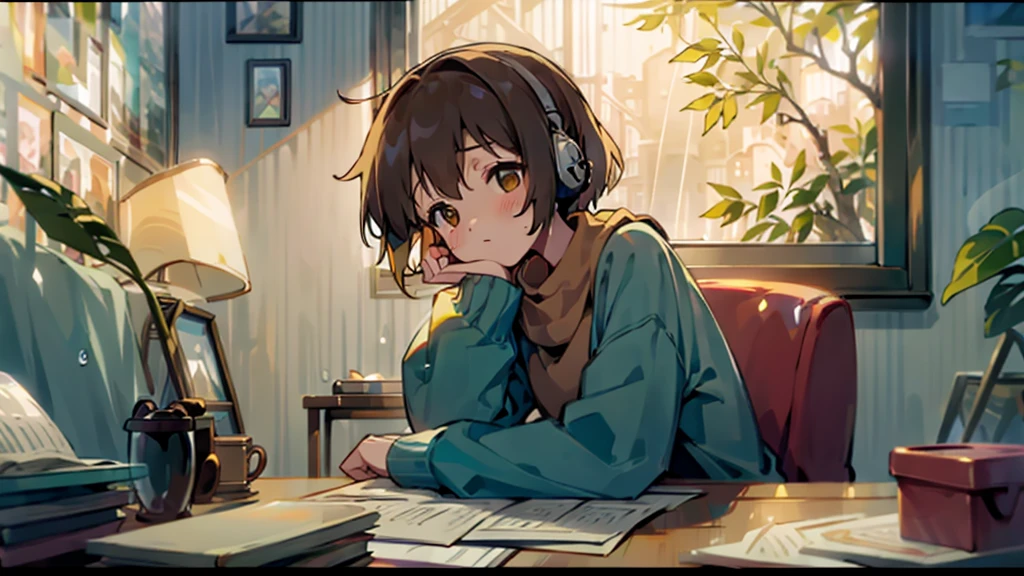 Imagine a cozy bedroom bathed in the warm, golden glow of fairy lights draped around the walls. A soft, overstuffed armchair sits in one corner, accompanied by a small table holding a steaming cup of tea and a stack of books. The window is slightly open, letting in a gentle breeze and the distant sound of raindrops pattering against the leaves outside. 

A record player softly spins a vinyl, and you can almost hear the crackling lo-fi beats filling the room. A cat lazily stretches out on the windowsill, gazing out at the rain. On the bed, a laptop screen shows a calming animation of falling leaves, synced perfectly with the soothing music.

The overall atmosphere is one of tranquility and relaxation, inviting viewers to unwind and lose themselves in the peaceful, nostalgic vibes of lo-fi music.