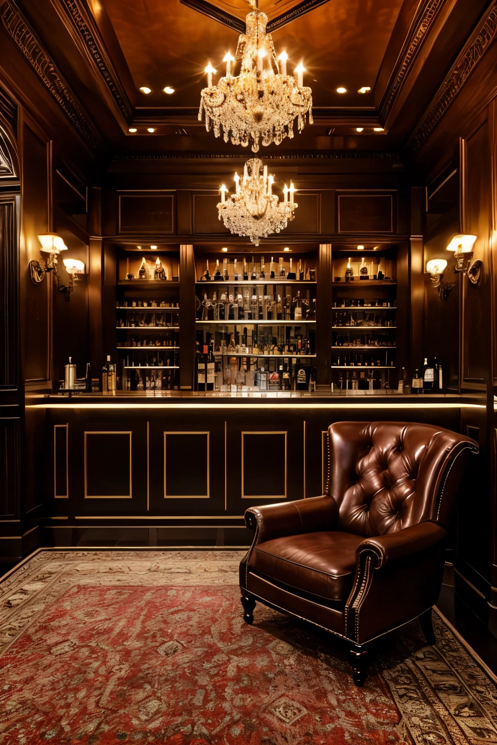 realistic interior, high-end gentlemen's club, elegant bar, luxurious leather chairs, intricate wood paneling, dim lighting, crystal chandeliers, oil paintings on walls, antique grandfather clock, plush carpeting, bartender in tuxedo, well-stocked liquor shelves, cigar humidor, jazz music playing, high-quality, 8k, photorealistic, cinematic lighting, dramatic shadows