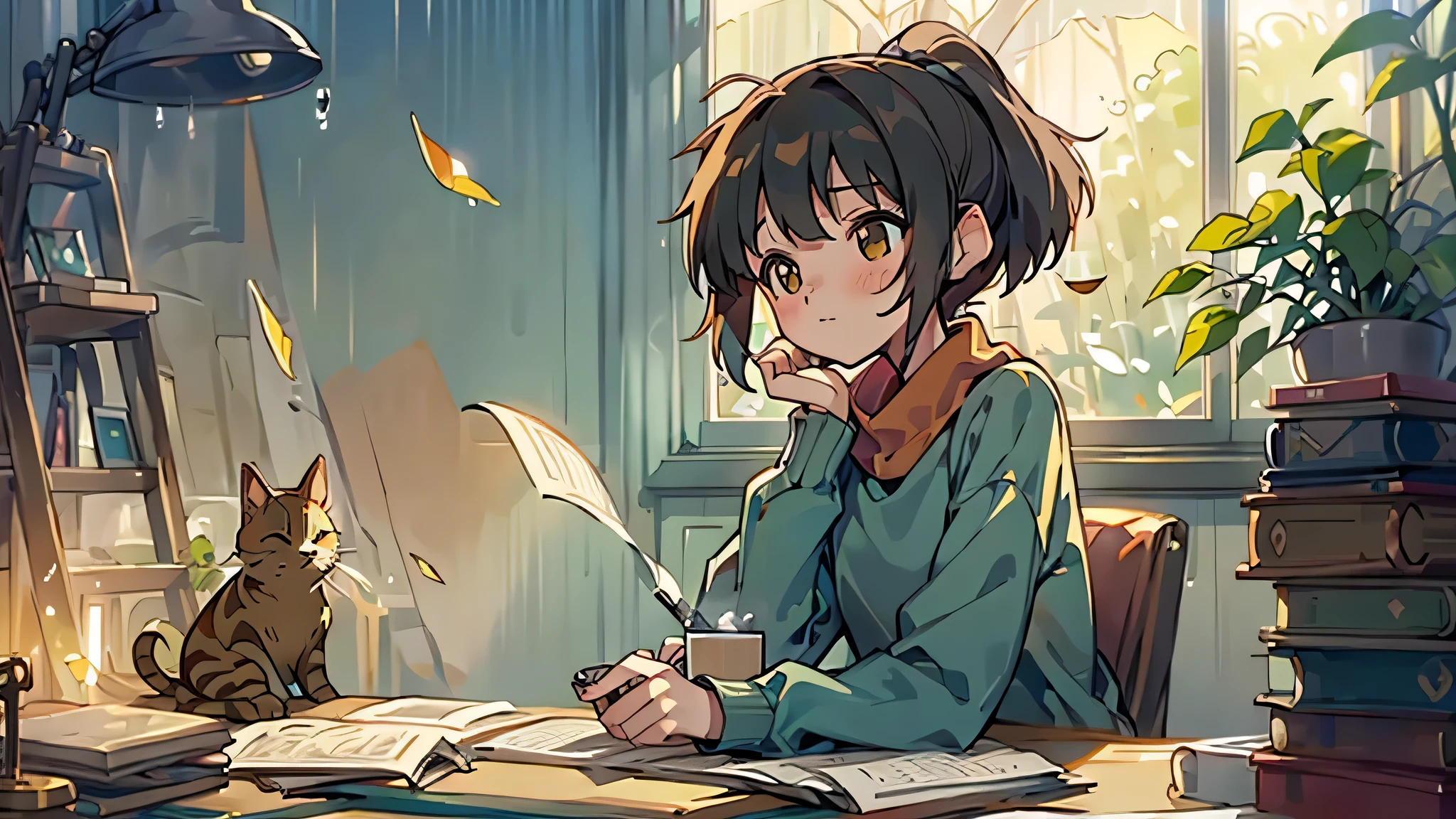 Imagine a cozy bedroom bathed in the warm, golden glow of fairy lights draped around the walls. A soft, overstuffed armchair sits in one corner, accompanied by a small table holding a steaming cup of tea and a stack of books. The window is slightly open, letting in a gentle breeze and the distant sound of raindrops pattering against the leaves outside.
A record player softly spins a vinyl, and you can almost hear the crackling lo-fi beats filling the room. A cat lazily stretches out on the windowsill, gazing out at the rain. On the bed, a laptop screen shows a calming animation of falling leaves, synced perfectly with the soothing music.
The overall atmosphere is one of tranquility and relaxation, inviting viewers to unwind and lose themselves in the peaceful, nostalgic vibes of lo-fi music.