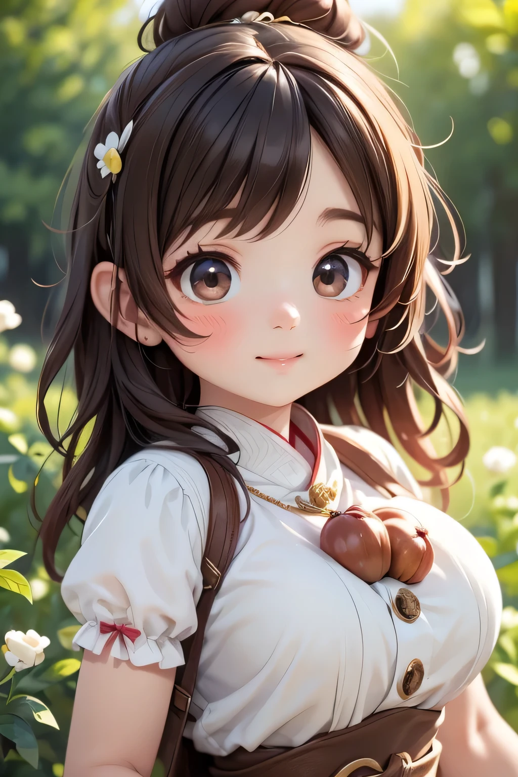 Highest quality、High resolution、Detailed Background、mysterious、(Beautiful face in every detail:1.4)、Anatomically correct、Highly detailed face、(Huge breasts:1.2)、Perfect body line、Light color hair、Cute gestures、nature、Fun atmosphere、A big smile、Looking at me happily、An adorable creature that blends into autumn nature、Chestnut color and texture、Autumn-like、
Its is covered in brown chestnut shells.、A lovely fairy appeared、For fluffy hair、Chestnuts are scattered all over the place.、She is wearing a costume that looks like a chestnut shell.、It has a button in the shape of a fruit.、Small chestnuts are scattered at my feet.、It looks like a fairy dancing lightly.、In the hands of the fairy、It has even larger chestnuts.、The fairy's face, with autumn's blush on her cheeks,、It's calm and kind、Hold the clitoris lovingly、The way he occasionally puts his hand on her cheek is adorable.、Cute beauty、Fantastic and cute