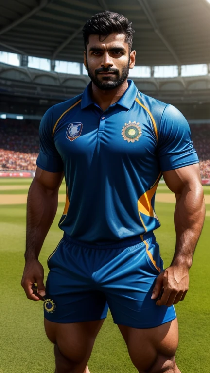 30 years old Muscular indian cricket player with sharp chin dimples beautiful eyes spiky black hairs fall on his face, in cricket stadium with tight blue jersey with huge bulge, standing in style, trending on artstation, sharp focus, studio photo, intricate details, highly detailed, head to thighs fit in photo