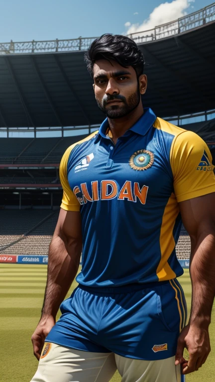 30 years old Muscular indian cricket player with sharp chin dimples beautiful eyes spiky black hairs fall on his face, in cricket stadium with tight  blue jersey with huge bulge, standing in style, trending on artstation, sharp focus, studio photo, intricate details, highly detailed, head to thighs fit in photo