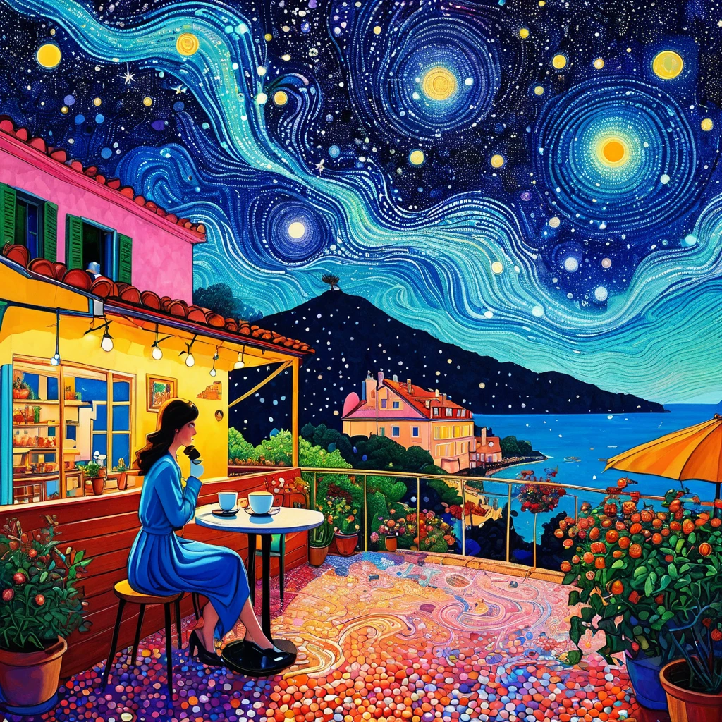 plantar、Marine life、woman drinking coffee on a village café terrace、starry sky,An abstract painting in the joint,Describing the inner world of autistic people,Sense of space,Blank space,pointillism method,psychedelic art,interesting:1.5