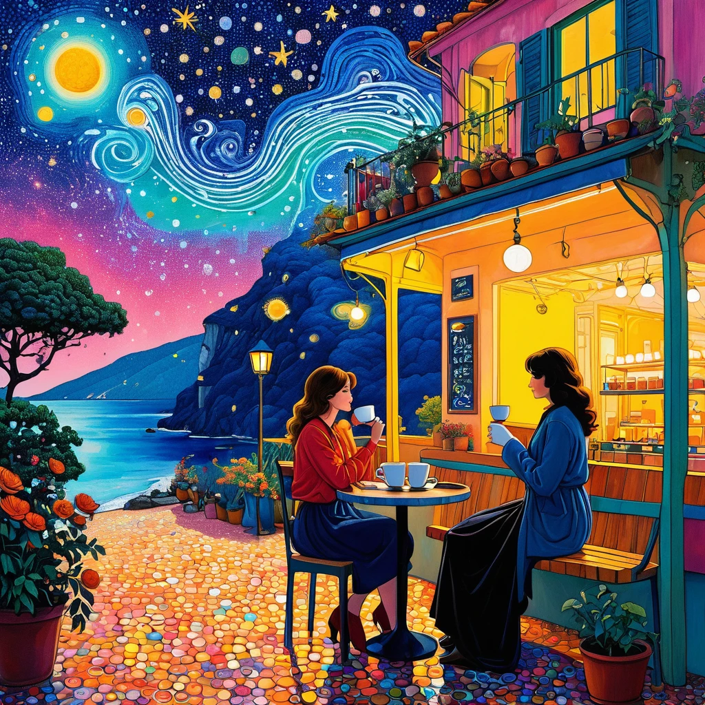 plantar、Marine life、woman drinking coffee on a village café terrace、starry sky，An abstract painting in the joint，Describing the inner world of autistic people，Sense of space，Blank space，pointillism method，psychedelic art，interesting：1.5