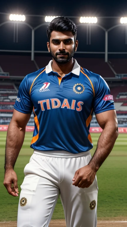 30 years old Muscular indian cricket player with sharp chin dimples beautiful eyes spiky black hairs fall on his face, in cricket stadium with tight blue jersey with huge bulge, standing in style, trending on artstation, sharp focus, studio photo, intricate details, highly detailed, head to thighs fit in photo