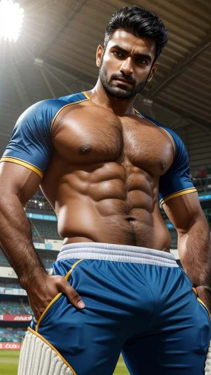 30 years old Muscular indian cricket player with sharp chin dimples beautiful eyes spiky black hairs fall on his face, in cricket stadium with tight blue jersey with huge bulge, standing in style, trending on artstation, sharp focus, studio photo, intricate details, highly detailed, head to thighs fit in photo