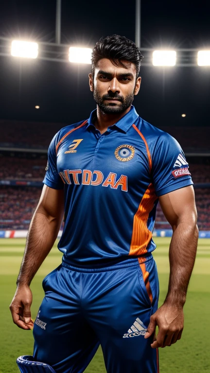 30 years old Muscular indian cricket player with sharp chin dimples beautiful eyes spiky black hairs fall on his face, in cricket stadium with tight blue jersey with huge bulge, standing in style, trending on artstation, sharp focus, studio photo, intricate details, highly detailed, head to thighs fit in photo