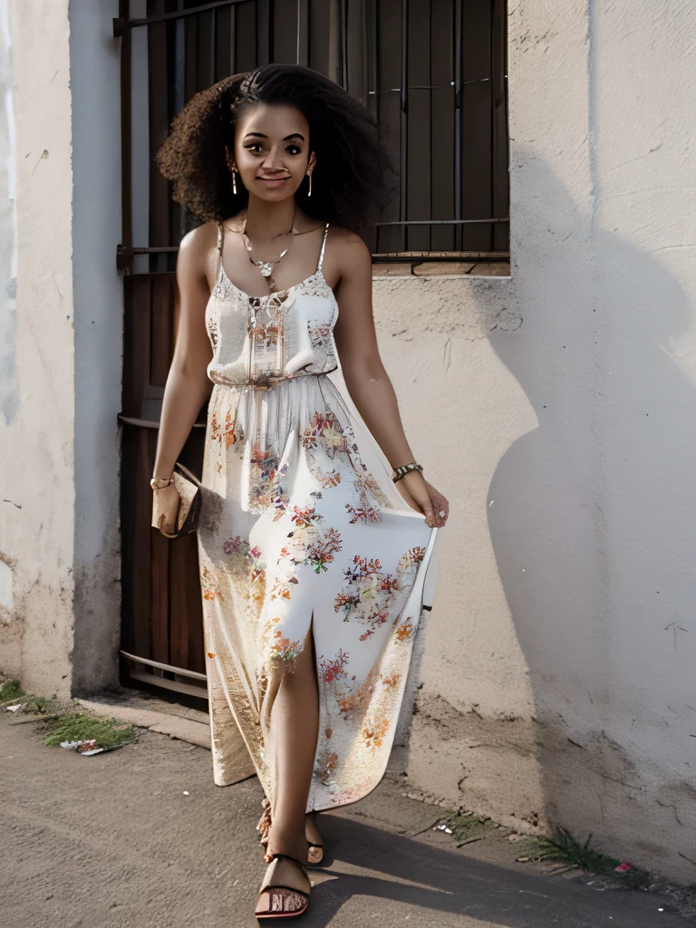 Young skinny poor Jasmine Guy at slums, floral long dress, no glasses, sandals