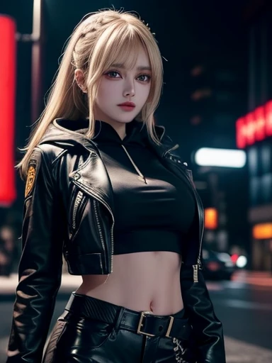 (Night city), Close-up, أسلوب Cyberpunk, (Girl wearing a black hoodie and leather jacket, short shirt, Expose the abdomen and navel, Long blonde hair, Styled hair, Sagging breasts:1.3), Standing, urban, neon, Cowboy shot, (Cinema lighting, Ethereal light, Complex details, Very detailed, incredible detail, Fully coloured), Complex details, Hyper maximalist, Gorgeous light and shadow, Detailed decoration, Detailed lines. Masterpiece, Best quality, Human development report, Ultra clear, Unreal Engine. Looking at the camera, Fair complexion, Beautiful Face,Cyberpunk, Upper body, Single,