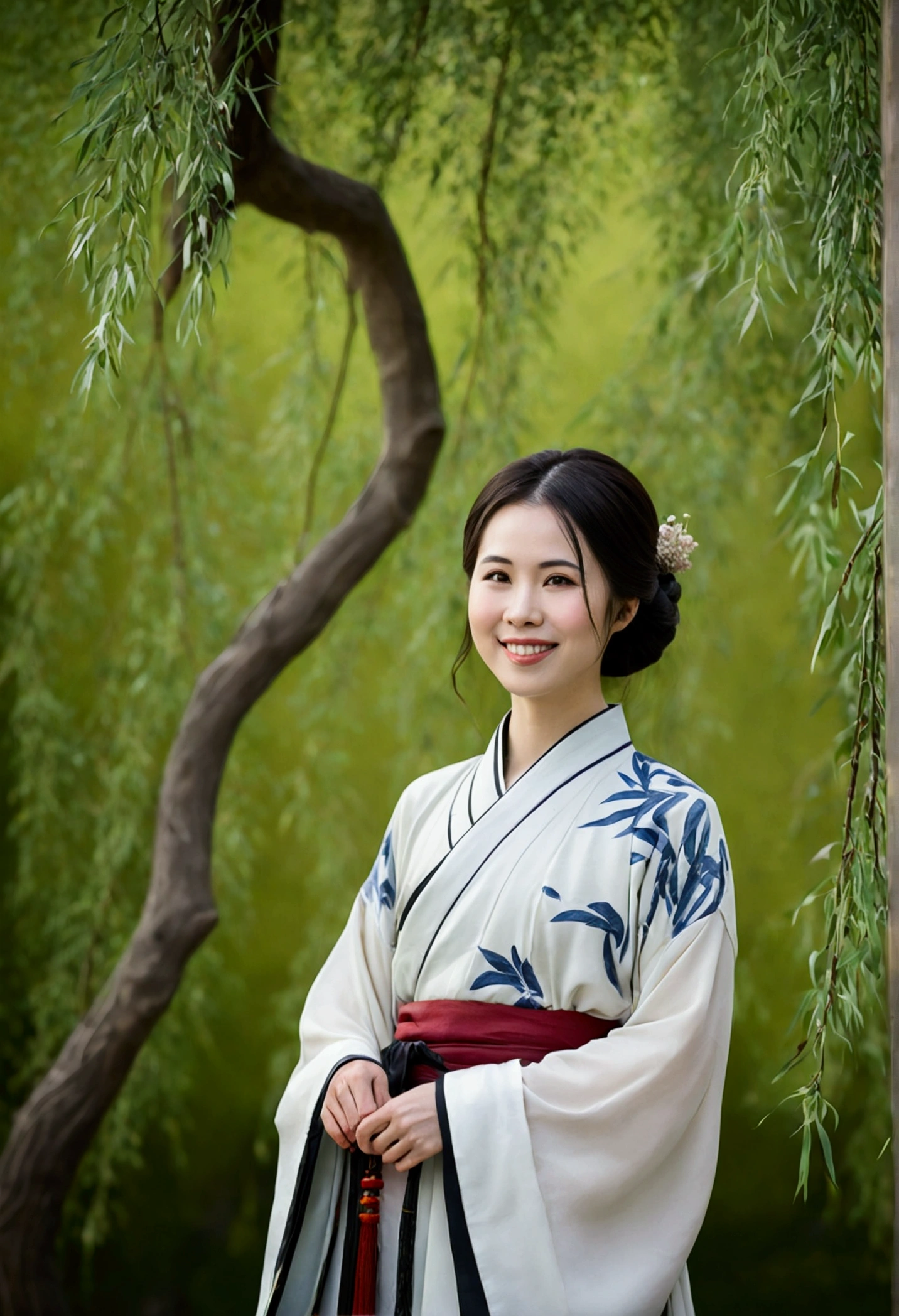 shukezouma, negative space, , Shuimobysim , standing woman portrait , willow branches, (masterpiece, Best quality:1.2), traditional chinese ink painting, ModelShooting style, peaceful, (smile), I look at the viewer, wearing long Hanfu, Hanfu, song, willow tree in background, wuchangshuo,