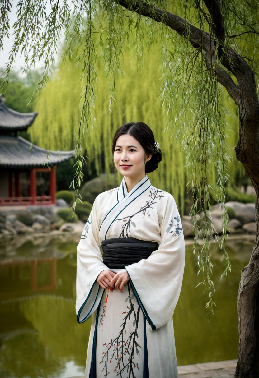 shukezouma, negative space, , Shuimobysim , standing woman portrait , willow branches, (masterpiece, Best quality:1.2), traditional chinese ink painting, ModelShooting style, peaceful, (smile), I look at the viewer, wearing long Hanfu, Hanfu, song, willow tree in background, wuchangshuo,