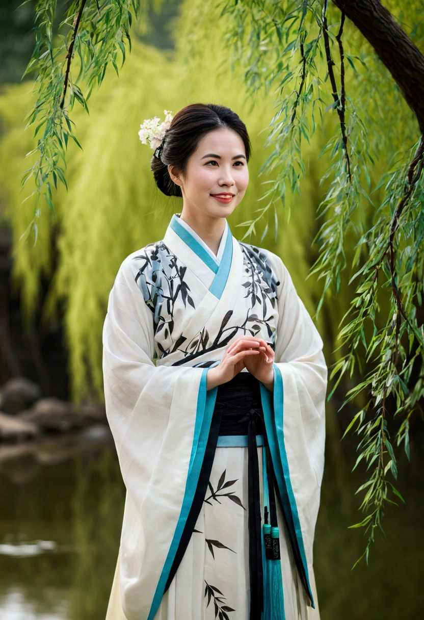 shukezouma, negative space, , Shuimobysim , standing woman portrait , willow branches, (masterpiece, Best quality:1.2), traditional chinese ink painting, ModelShooting style, peaceful, (smile), I look at the viewer, wearing long Hanfu, Hanfu, song, willow tree in background, wuchangshuo,