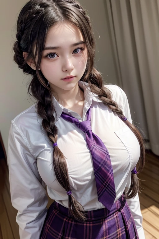 Braided Hair,high school girl,she is purple plaid tie,white shirt,slender,big breasts,